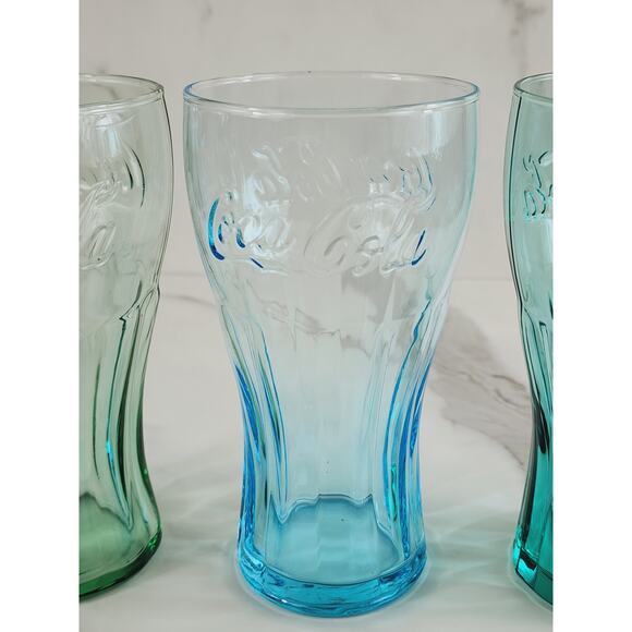 Coca Cola Drinking Glasses Embossed Logo 16oz Glass Tumblers Turquoise Green x3 - Picture 3 of 12